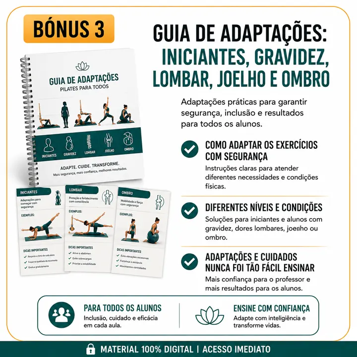 Bónus 3 — Guia de Adaptações: iniciantes, gravidez, lombar, joelho e ombro