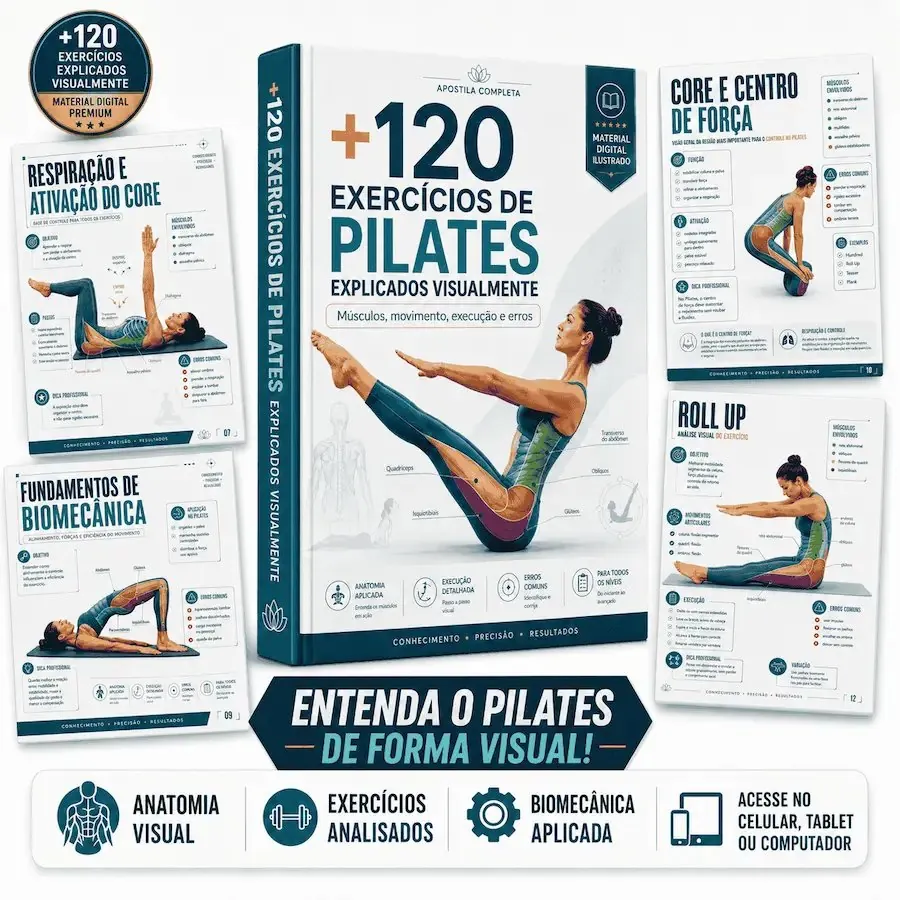 Capa e fichas do material +120 Exercícios de Pilates Explicados Visualmente