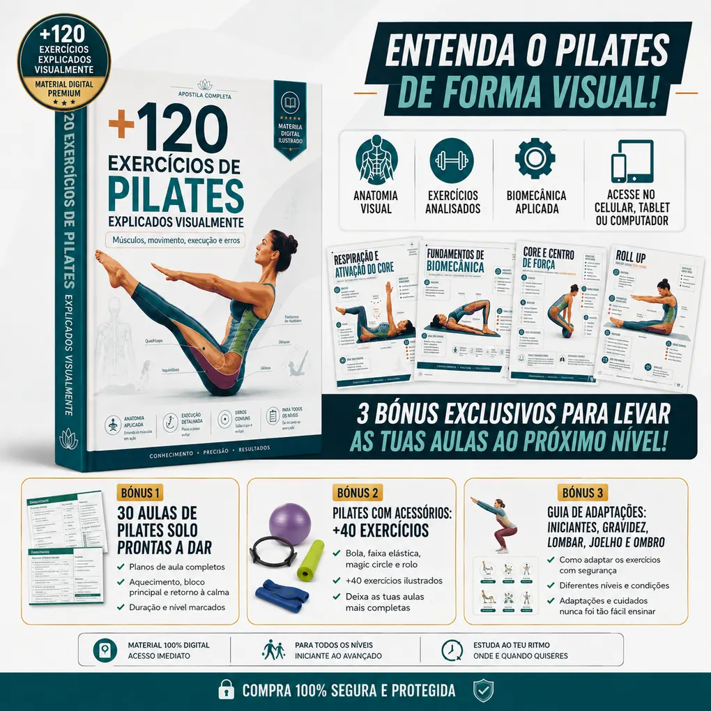 Material completo mais os 3 bónus: 30 aulas prontas, Pilates com acessórios e guia de adaptações
